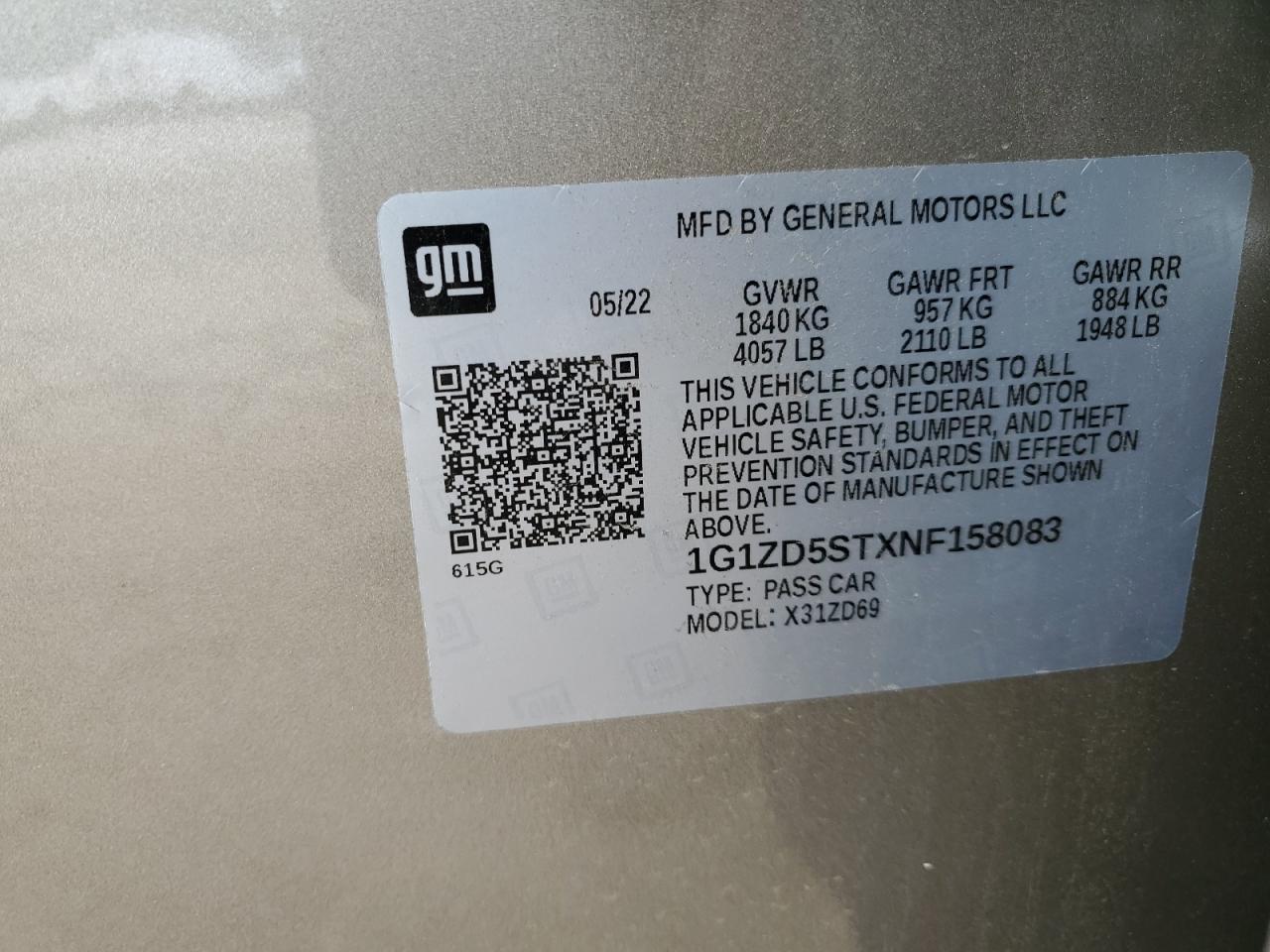 2022 CHEVROLET MALIBU LT VIN:1G1ZD5STXNF158083