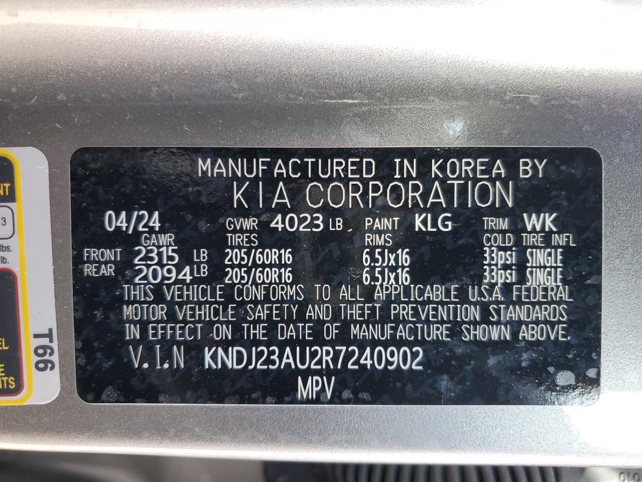 2024 KIA SOUL LX VIN:KNDJ23AU2R7240902