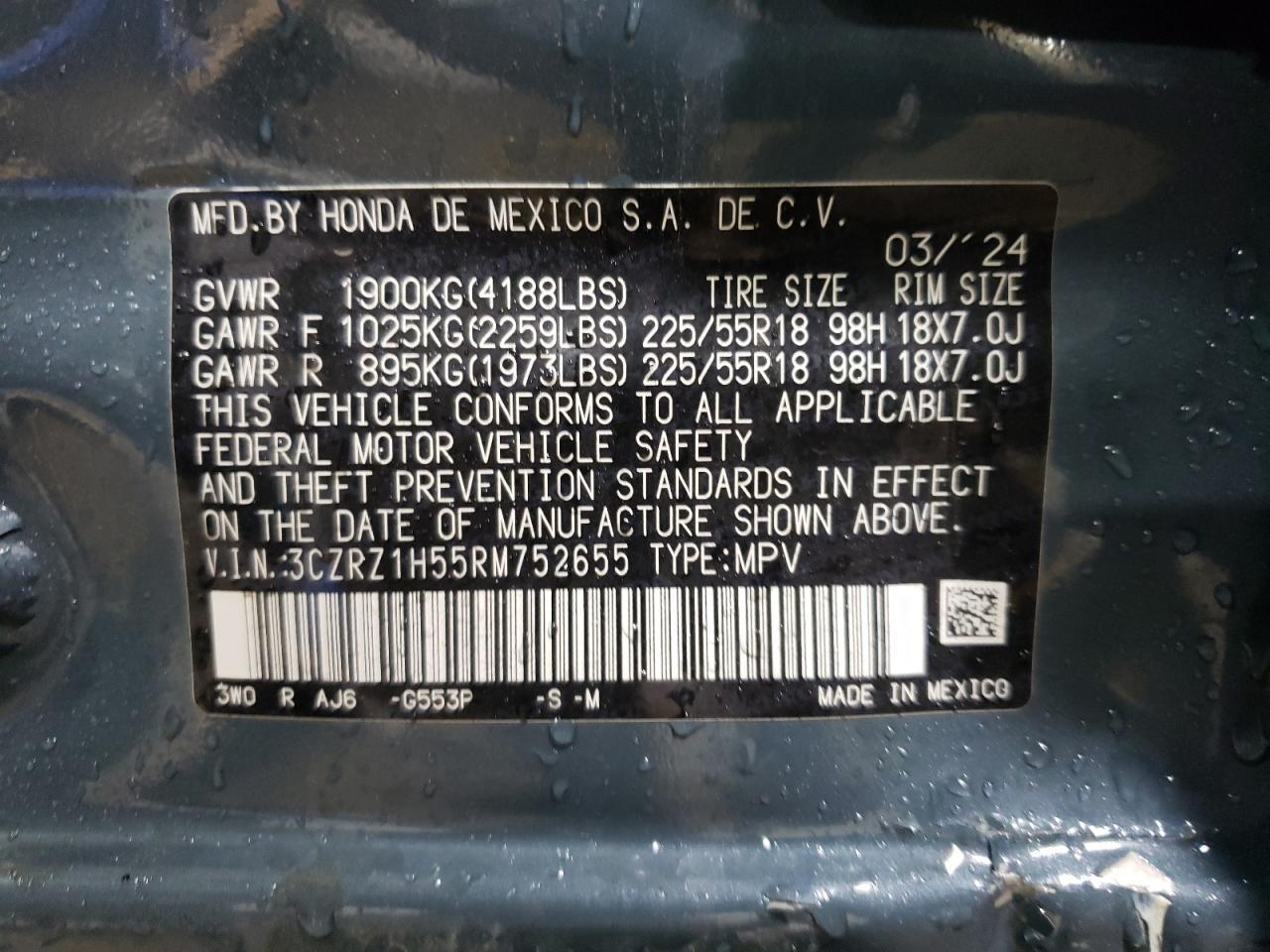 2024 HONDA HR-V SPORT VIN:3CZRZ1H55RM752655