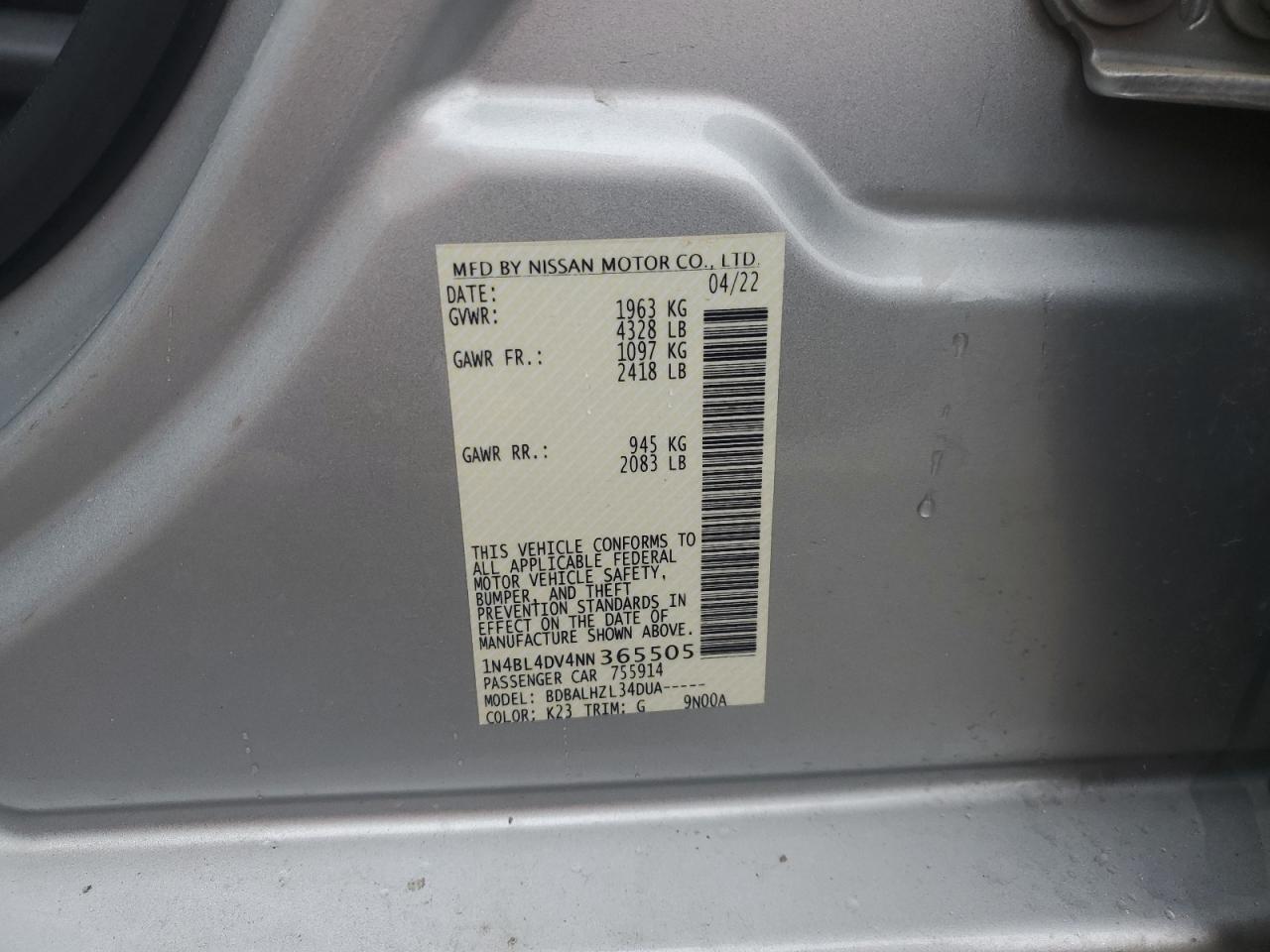 2022 NISSAN ALTIMA SV VIN:1N4BL4DV4NN365505