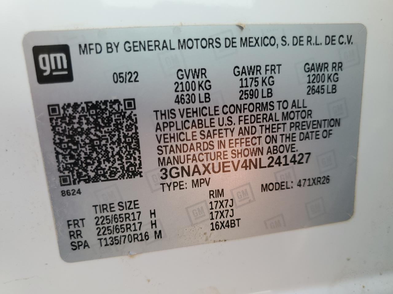 2022 CHEVROLET EQUINOX LT VIN:3GNAXUEV4NL241427