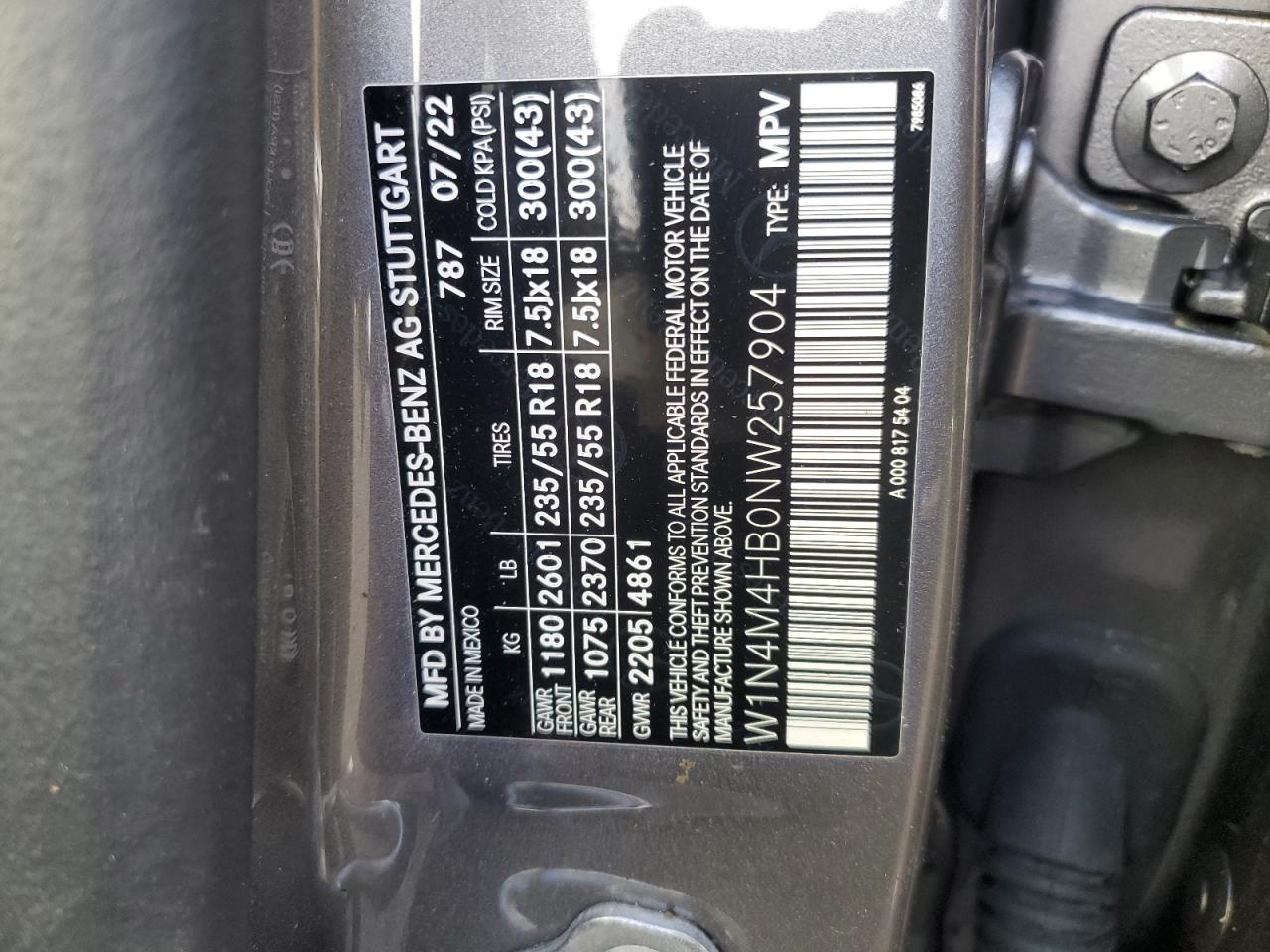 2022 MERCEDES-BENZ GLB 250 4MATIC VIN:W1N4M4HB0NW257904