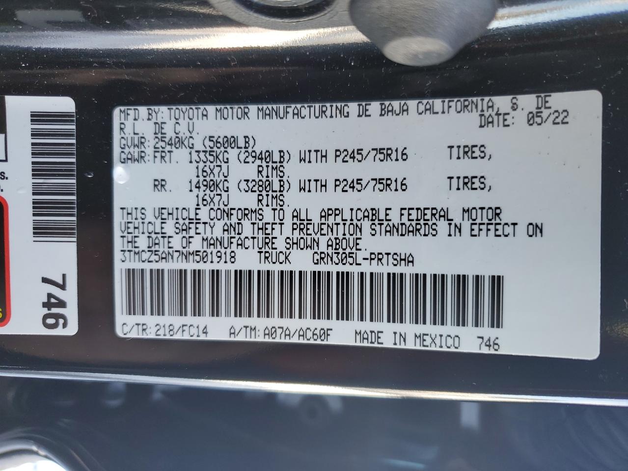 2022 TOYOTA TACOMA DOUBLE CAB VIN:3TMCZ5AN7NM501918