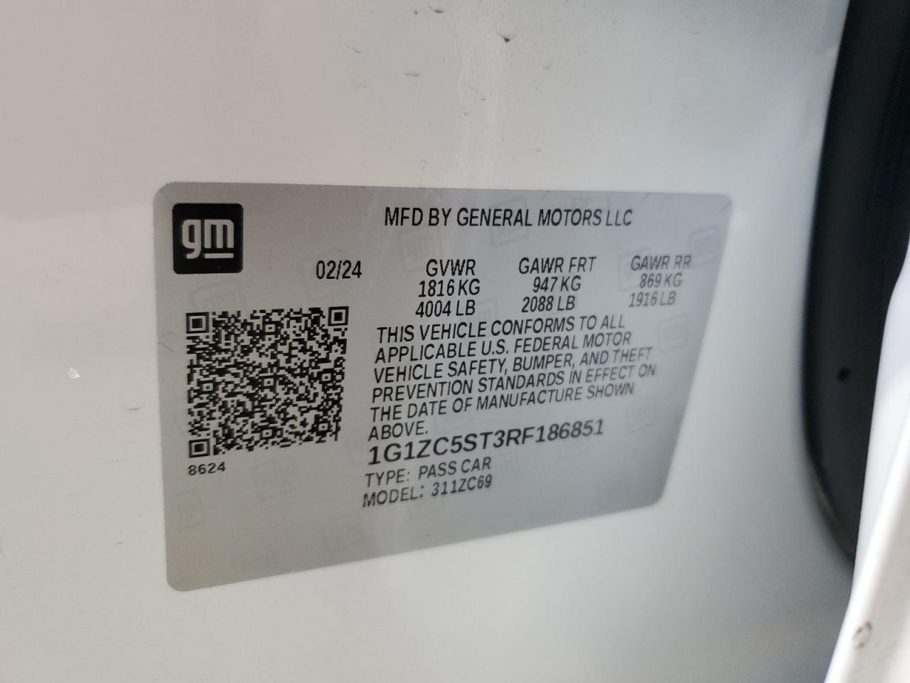 2024 CHEVROLET MALIBU LS VIN:1G1ZC5ST3RF186851