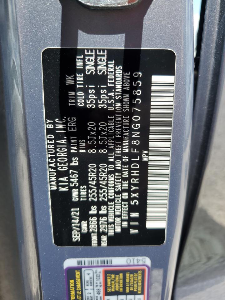 2022 KIA SORENTO EX VIN:5XYRHDLF8NG075859