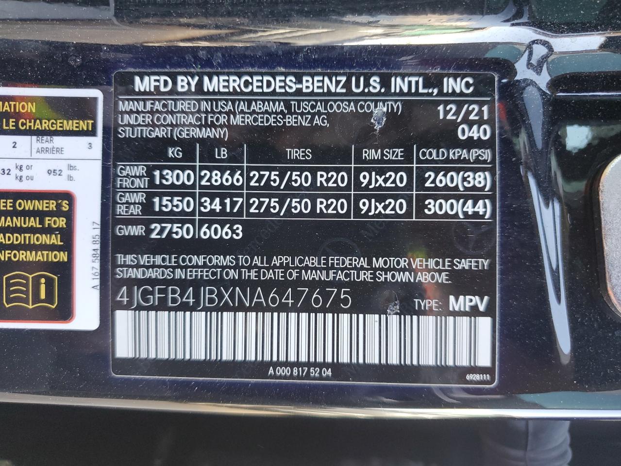 2022 MERCEDES-BENZ GLE 350 VIN:4JGFB4JBXNA647675
