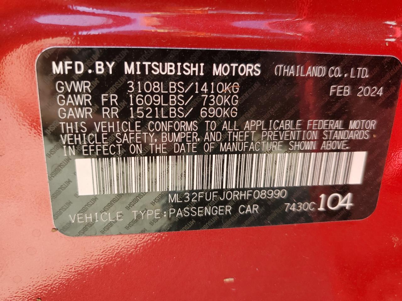 2024 MITSUBISHI MIRAGE G4 ES VIN:ML32FUFJ0RHF08990