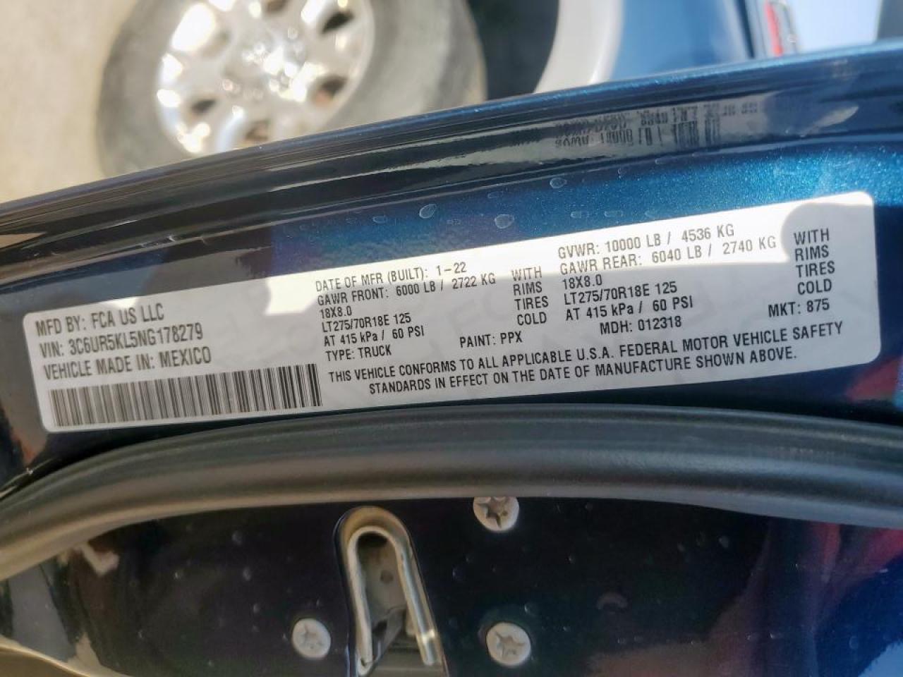 2022 RAM 2500 LARAMIE VIN:3C6UR5KL5NG178279