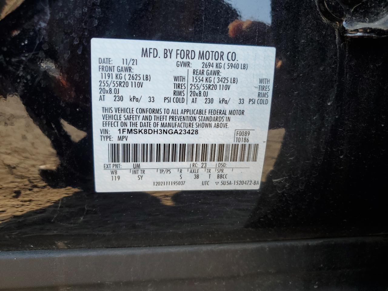 2022 FORD EXPLORER XLT VIN:1FMSK8DH3NGA23428