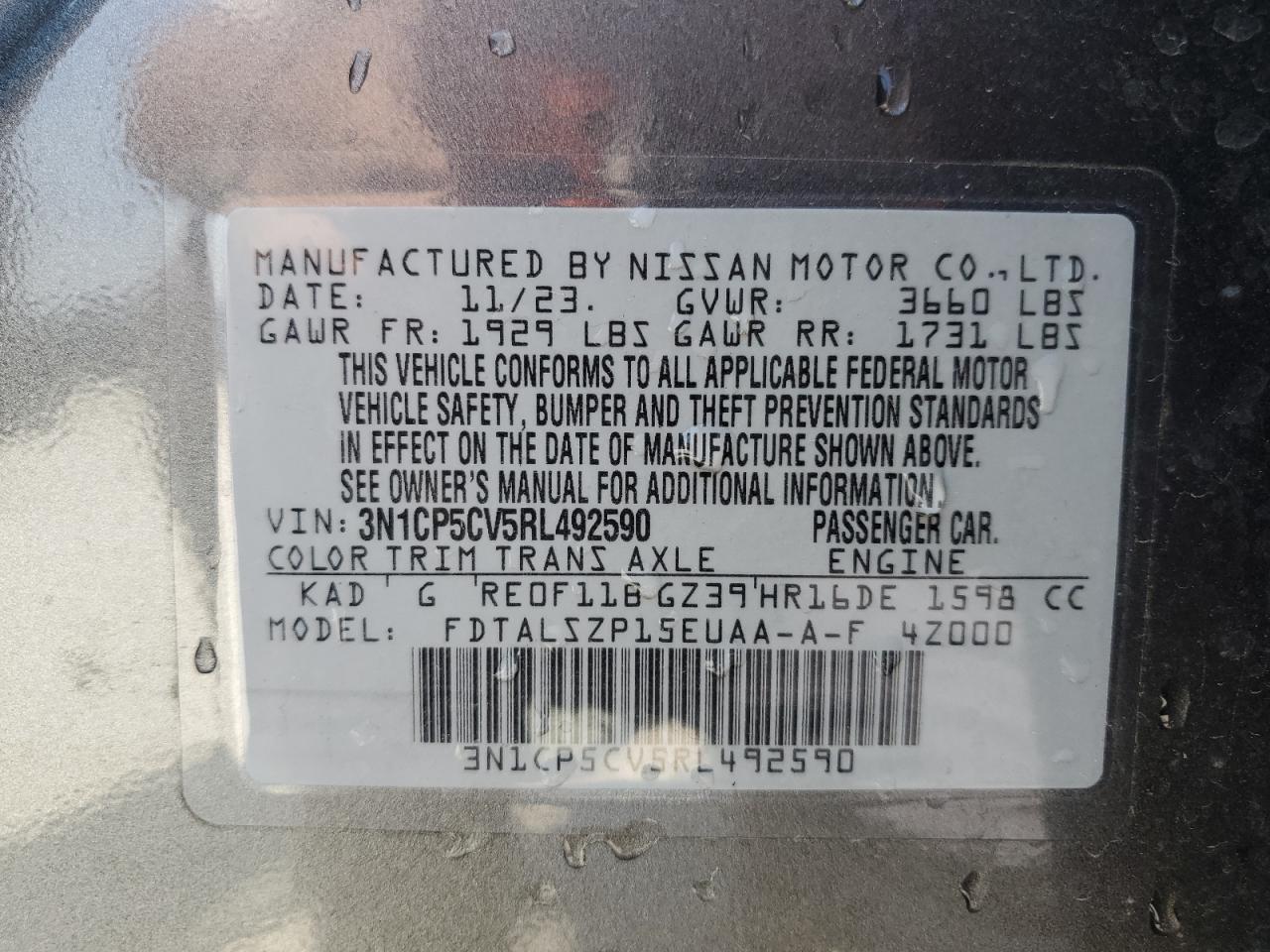 2024 NISSAN KICKS SV VIN:3N1CP5CV5RL492590