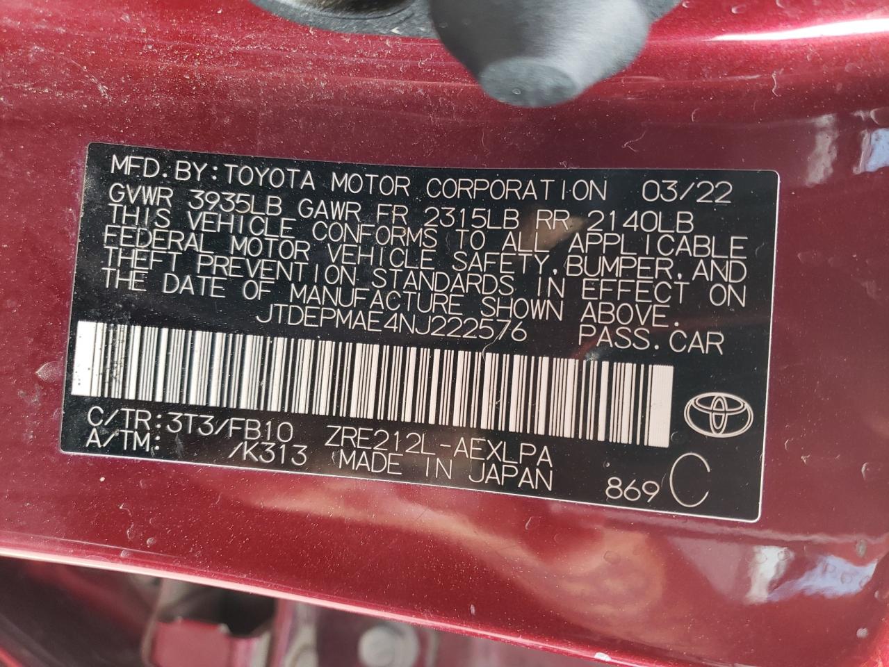 2022 TOYOTA COROLLA LE VIN:JTDEPMAE4NJ222576