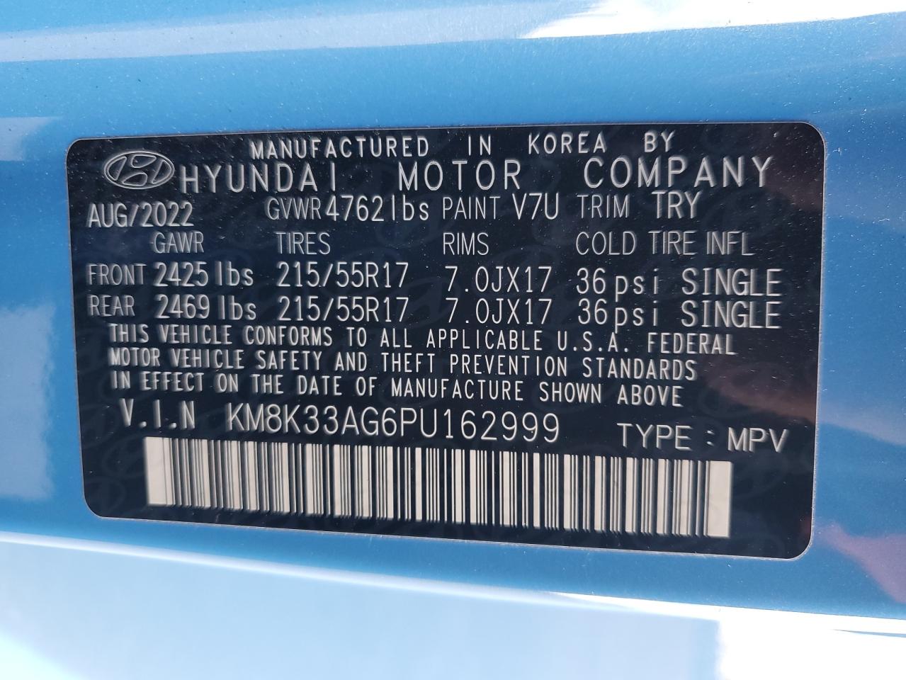 2023 HYUNDAI KONA SEL VIN:KM8K33AG6PU162999