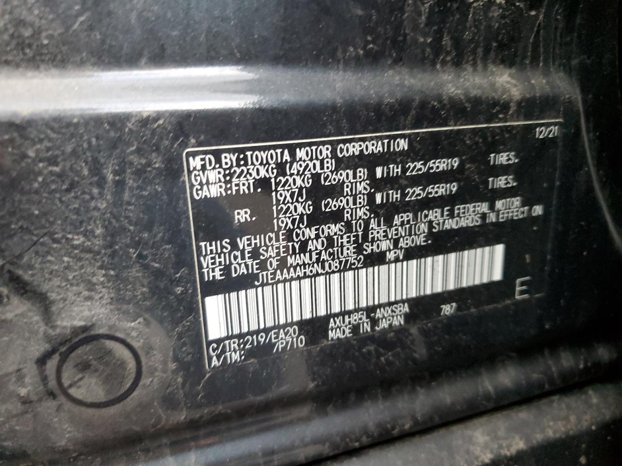 2022 TOYOTA VENZA LE VIN:JTEAAAAH6NJ087752