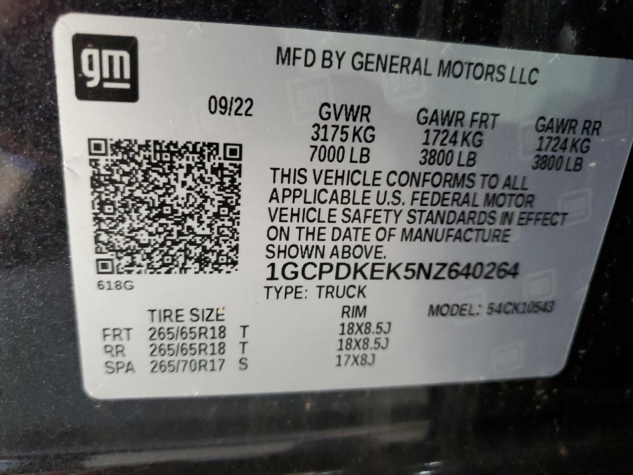 2022 CHEVROLET SILVERADO K1500 LT-L VIN:1GCPDKEK5NZ640264