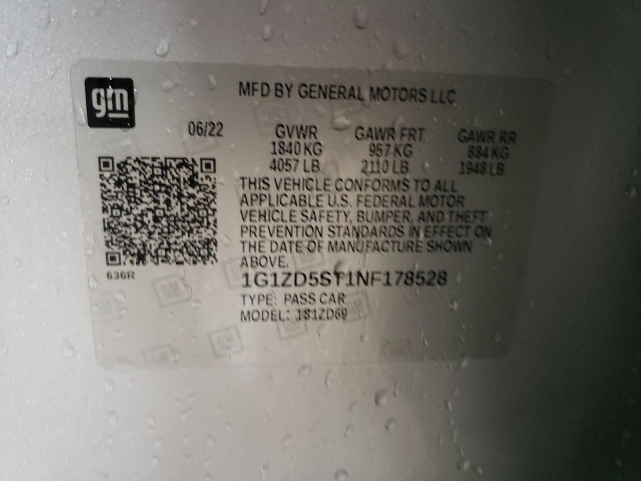 2022 CHEVROLET MALIBU LT VIN:1G1ZD5ST1NF178528