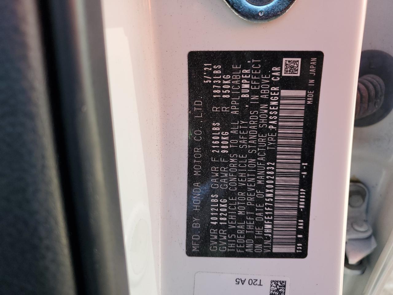2022 HONDA CIVIC EX VIN:JHMFE1F75NX002832