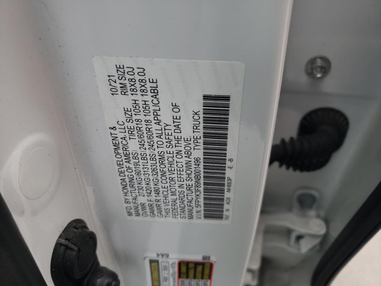 2022 HONDA RIDGELINE BLACK EDITION VIN:5FPYK3F89NB001496