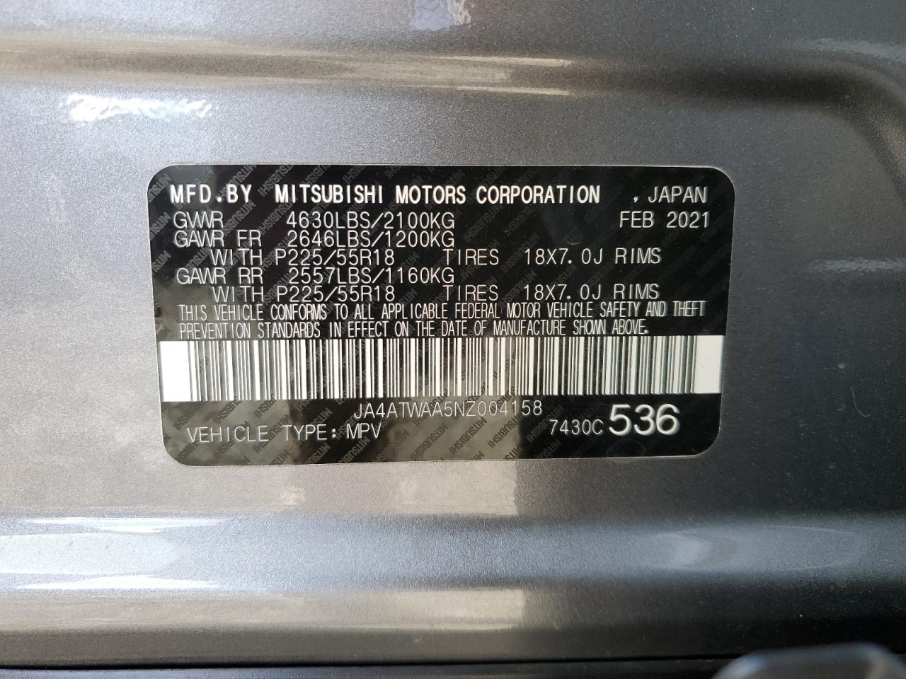 2022 MITSUBISHI ECLIPSE CROSS SE VIN:JA4ATWAA5NZ004158