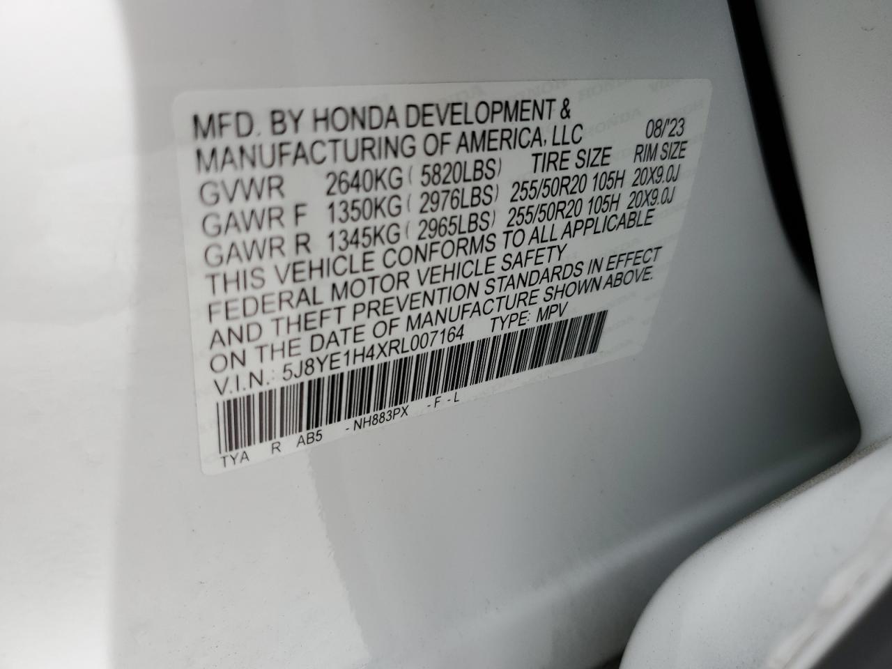 2024 ACURA MDX TECHNOLOGY VIN:5J8YE1H4XRL007164