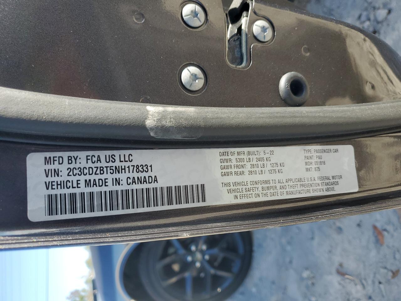 2022 DODGE CHALLENGER R/T VIN:2C3CDZBT5NH178331