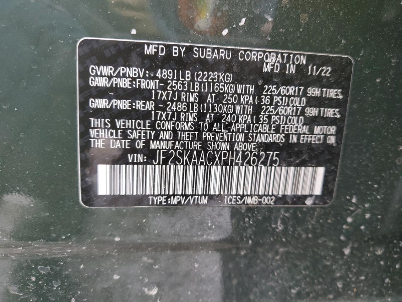 2023 SUBARU FORESTER  VIN:JF2SKAACXPH426275