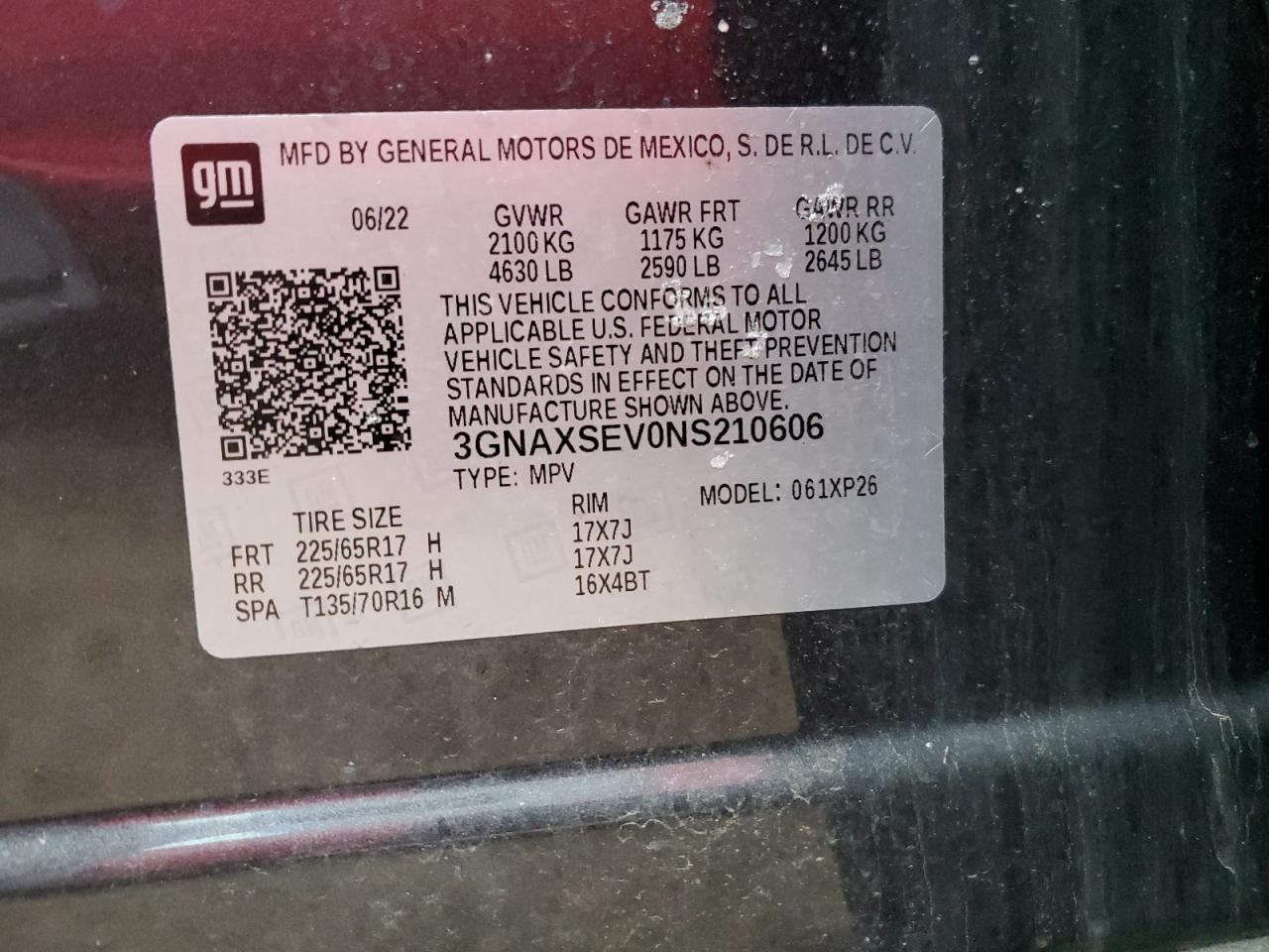 2022 CHEVROLET EQUINOX LS VIN:3GNAXSEV0NS210606