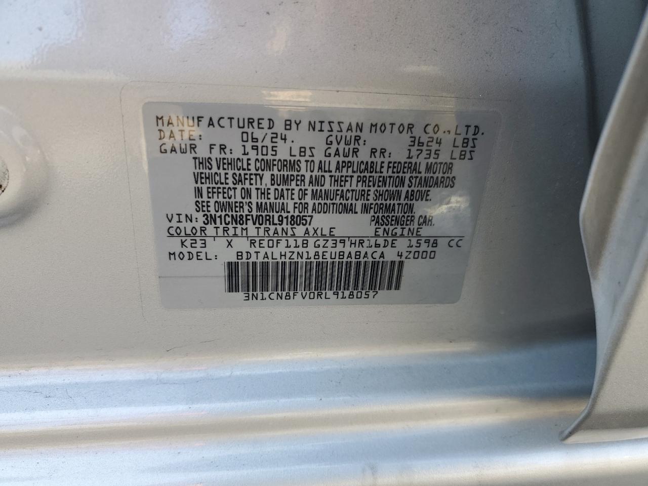 2024 NISSAN VERSA SR VIN:3N1CN8FV0RL918057