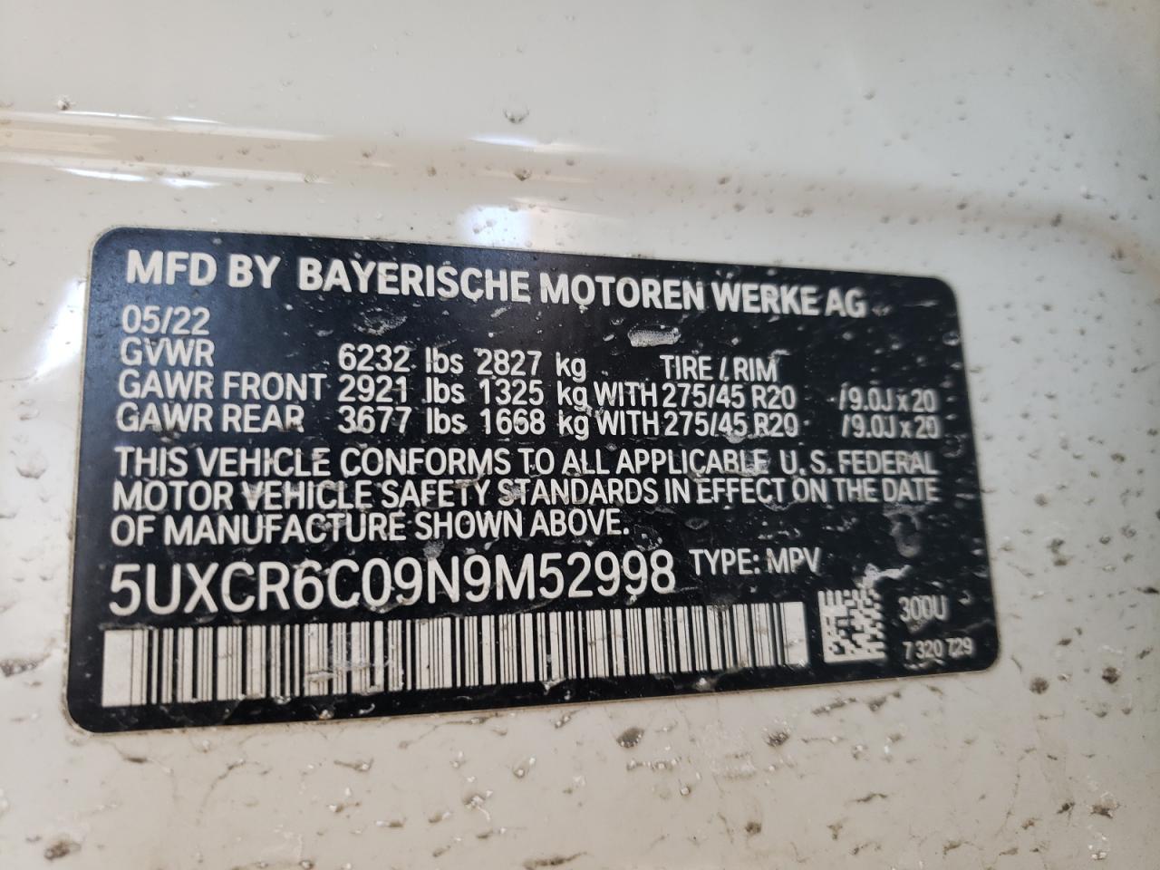 2022 BMW X5 XDRIVE40I VIN:5UXCR6C09N9M52998