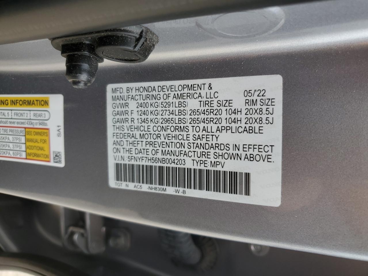 2022 HONDA PASSPORT EXL VIN:5FNYF7H56NB004203