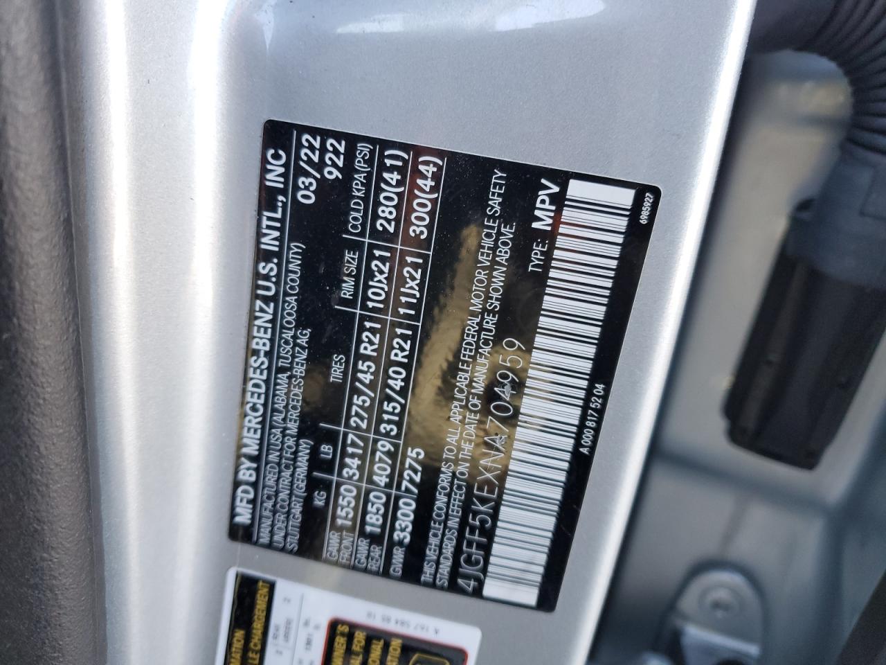 2022 MERCEDES-BENZ GLS 450 4MATIC VIN:4JGFF5KEXNA704959