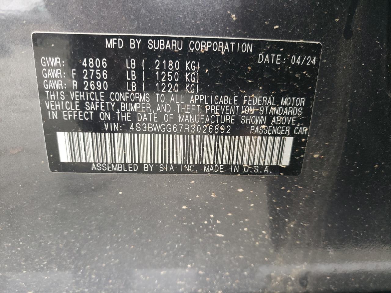 2024 SUBARU LEGACY SPORT VIN:4S3BWGG67R3026892