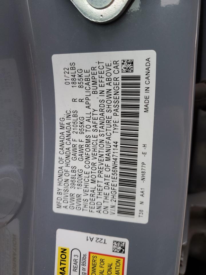 2022 HONDA CIVIC SI VIN:2HGFE1E56NH471144