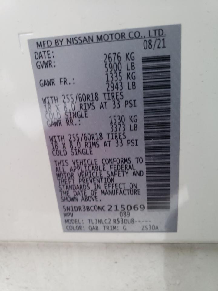 2022 NISSAN PATHFINDER SV VIN:5N1DR3BC0NC215069