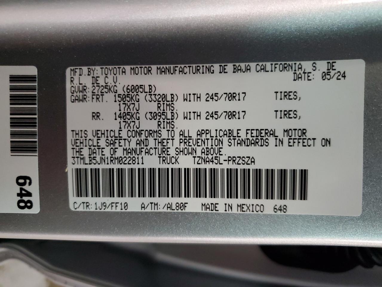 2024 TOYOTA TACOMA DOUBLE CAB VIN:3TMLB5JN1RM022811