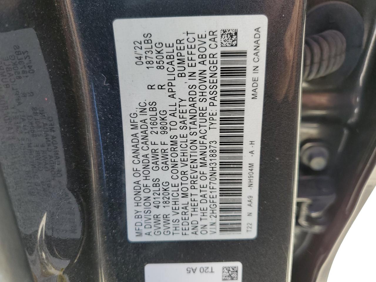 2022 HONDA CIVIC EX VIN:2HGFE1F70NH318873