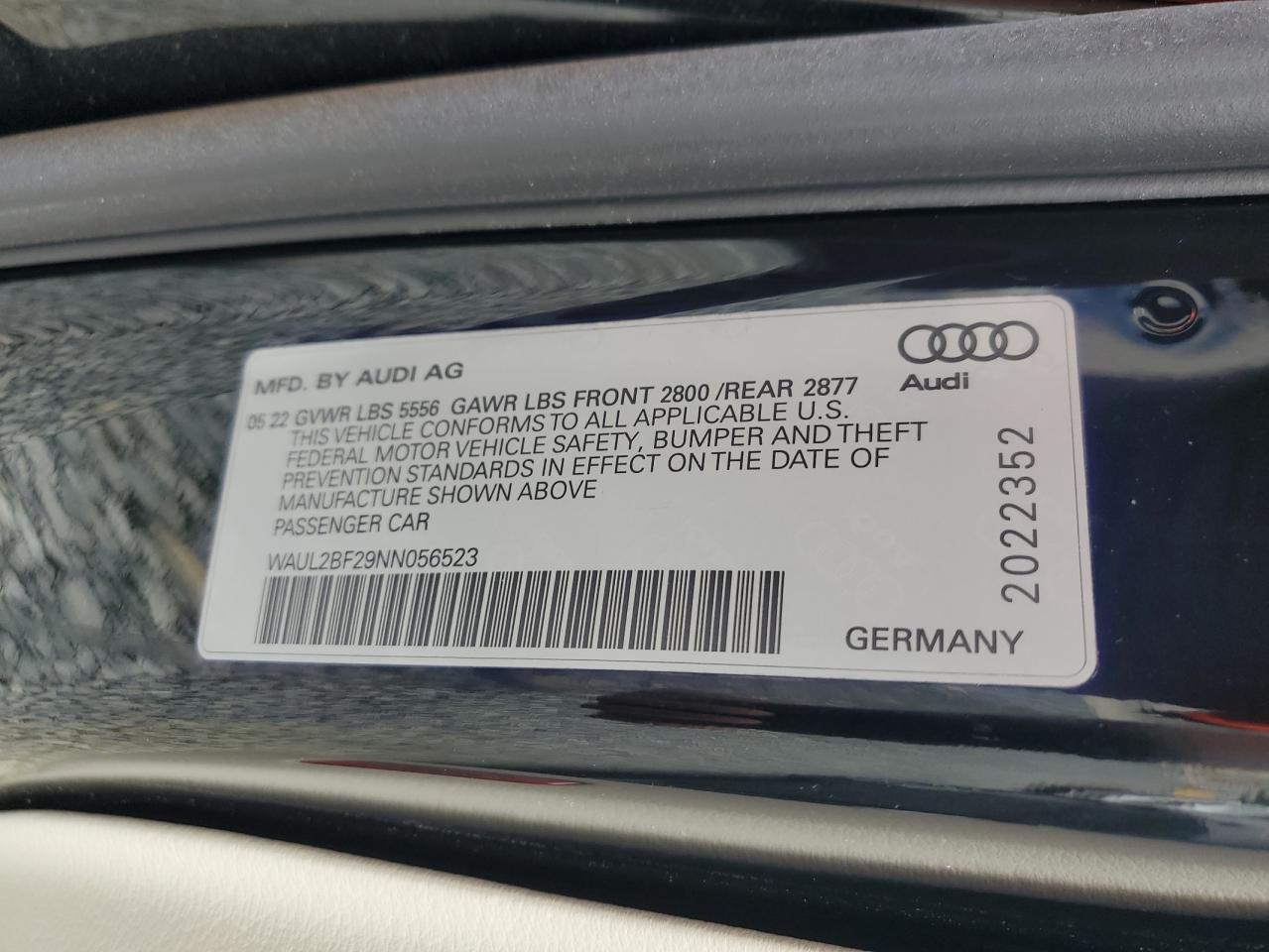 2022 AUDI A6 PREMIUM PLUS VIN:WAUL2BF29NN056523