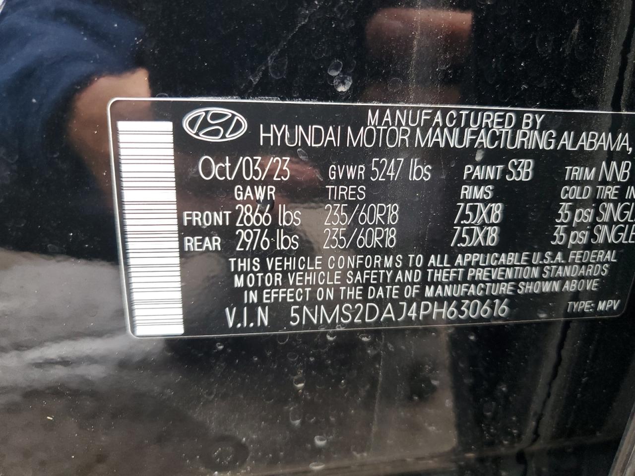 2023 HYUNDAI SANTA FE SEL VIN:5NMS2DAJ4PH630616