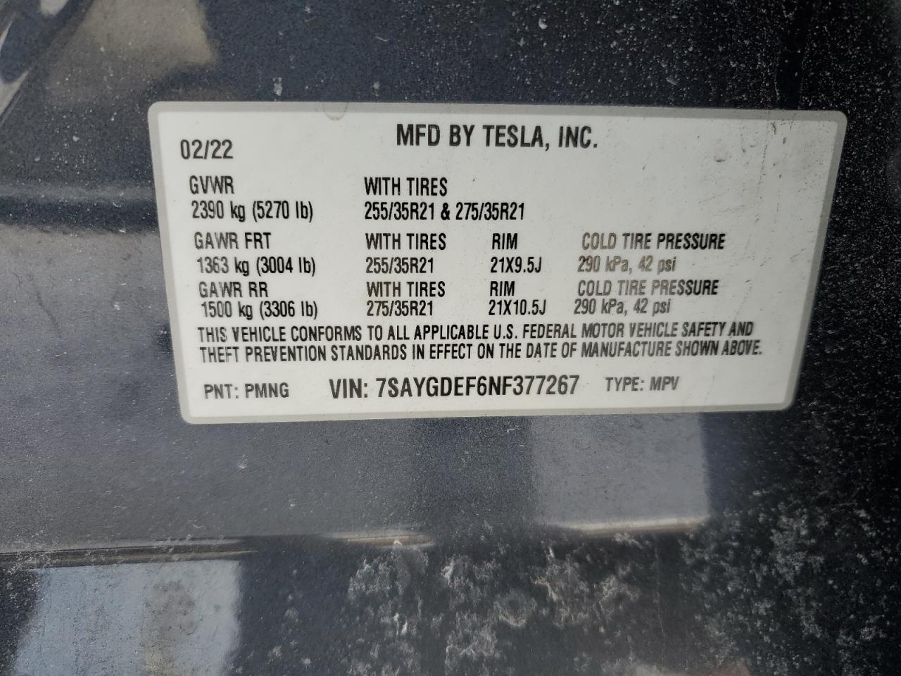 2022 TESLA MODEL Y  VIN:7SAYGDEF6NF377267