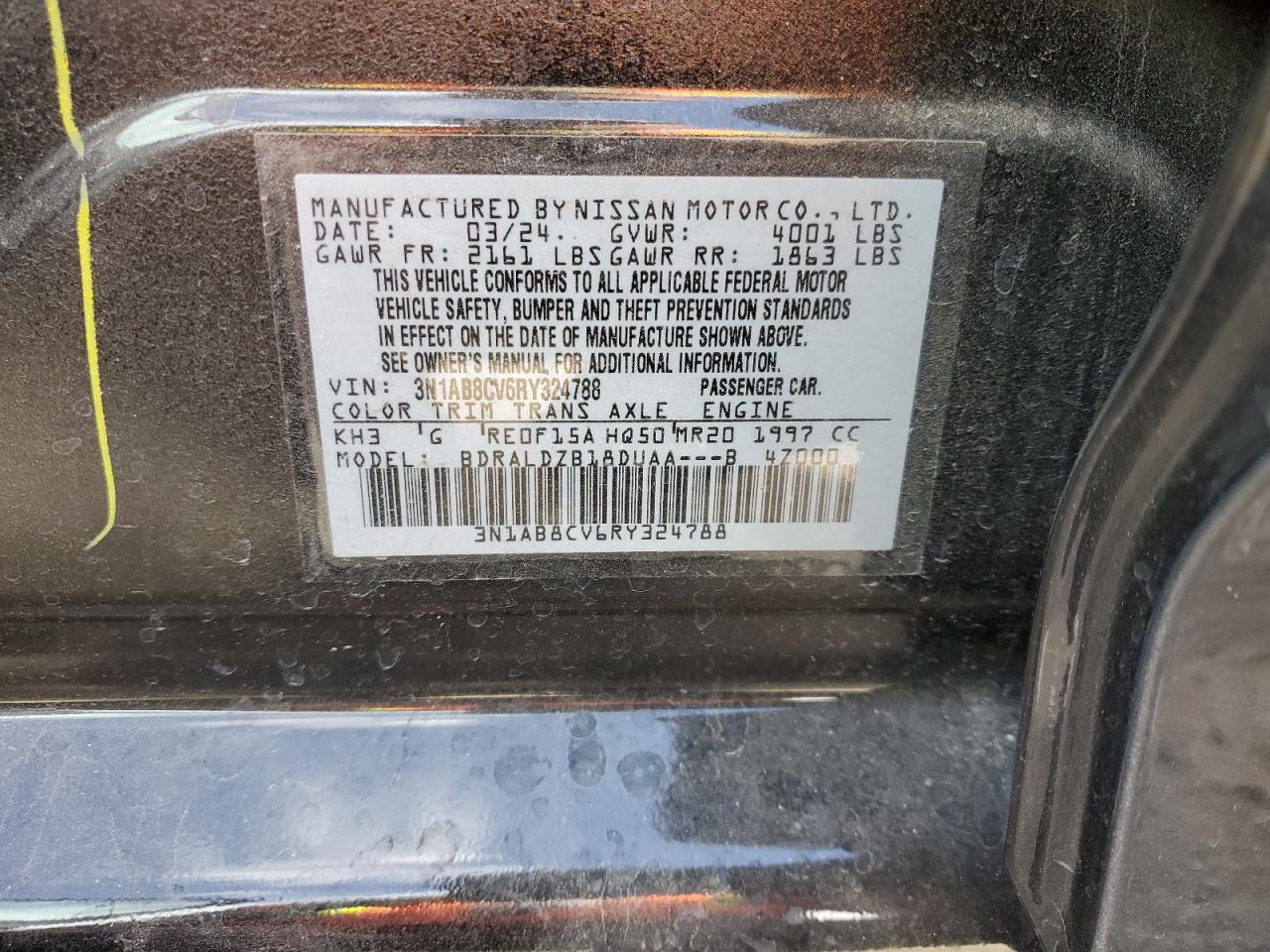 2024 NISSAN SENTRA SV VIN:3N1AB8CV6RY324788