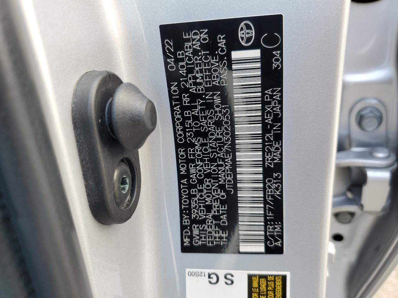 2022 TOYOTA COROLLA LE VIN:JTDEPMAE7N3020531