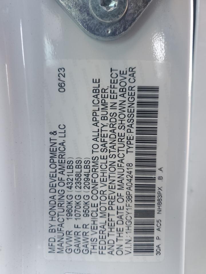 2023 HONDA ACCORD EX VIN:1HGCY1F38PA042418