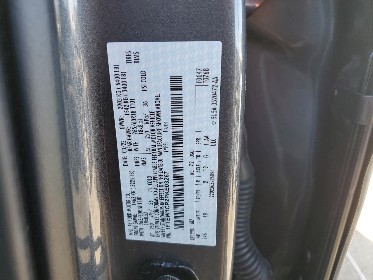 2023 FORD F150 SUPERCREW VIN:1FTEW1CP2PKE03267