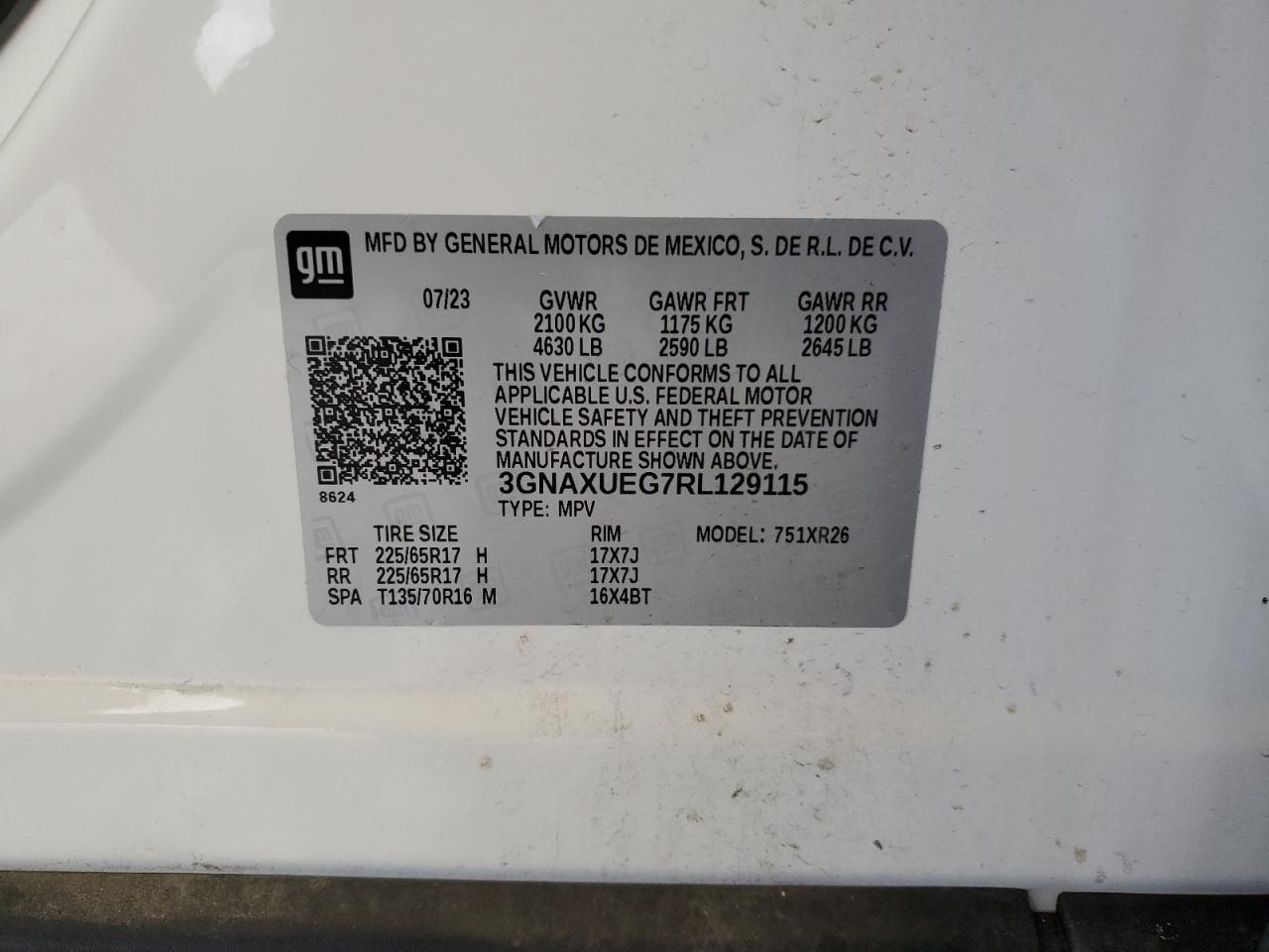 2024 CHEVROLET EQUINOX LT VIN:3GNAXUEG7RL129115