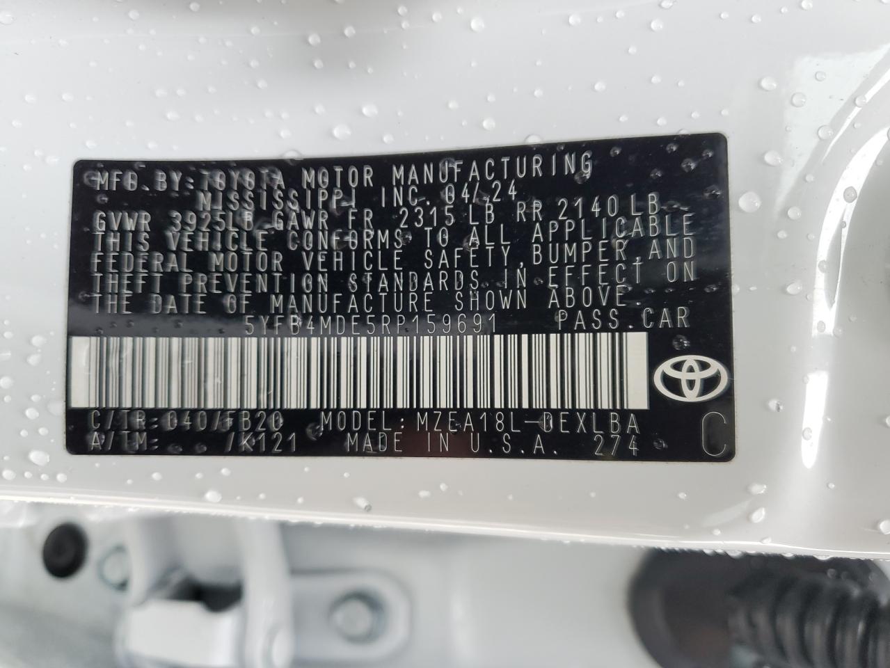 2024 TOYOTA COROLLA LE VIN:5YFB4MDE5RP159691