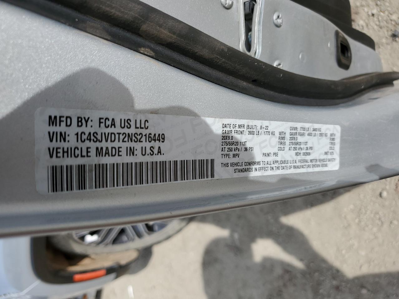 2022 JEEP WAGONEER SERIES III VIN:1C4SJVDT2NS216449