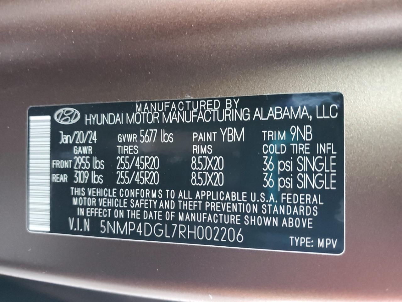 2024 HYUNDAI SANTA FE LIMITED VIN:5NMP4DGL7RH002206