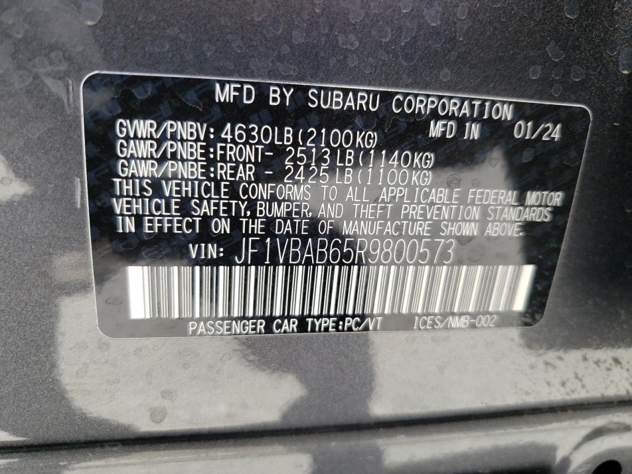 2024 SUBARU WRX  VIN:JF1VBAB65R9800573