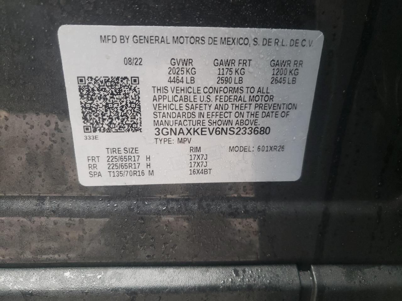 2022 CHEVROLET EQUINOX LT VIN:3GNAXKEV6NS233680