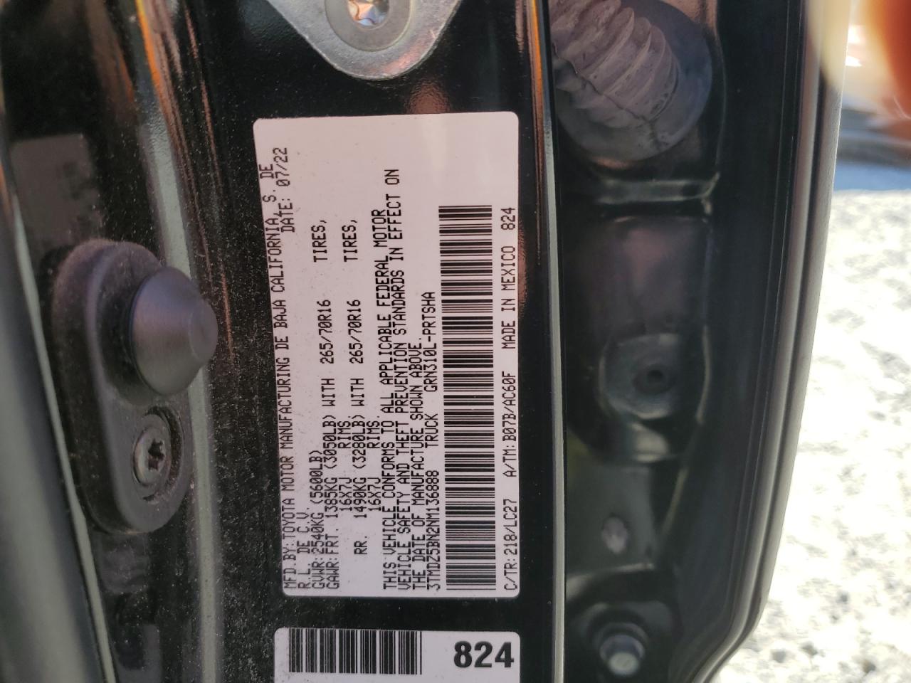 2022 TOYOTA TACOMA DOUBLE CAB VIN:3TMDZ5BN2NM136888