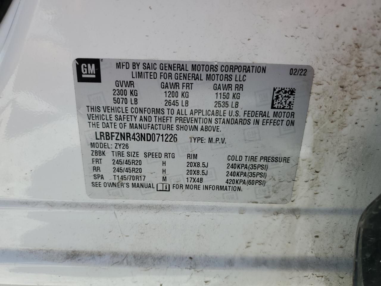 2022 BUICK ENVISION ESSENCE VIN:LRBFZNR43ND071226